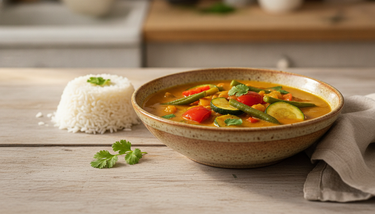 A bowl of vegetable bone broth curry with rice, red pepper, courgette and green beans.