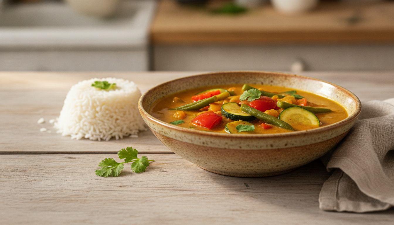 A bowl of vegetable bone broth curry with rice, red pepper, courgette and green beans.