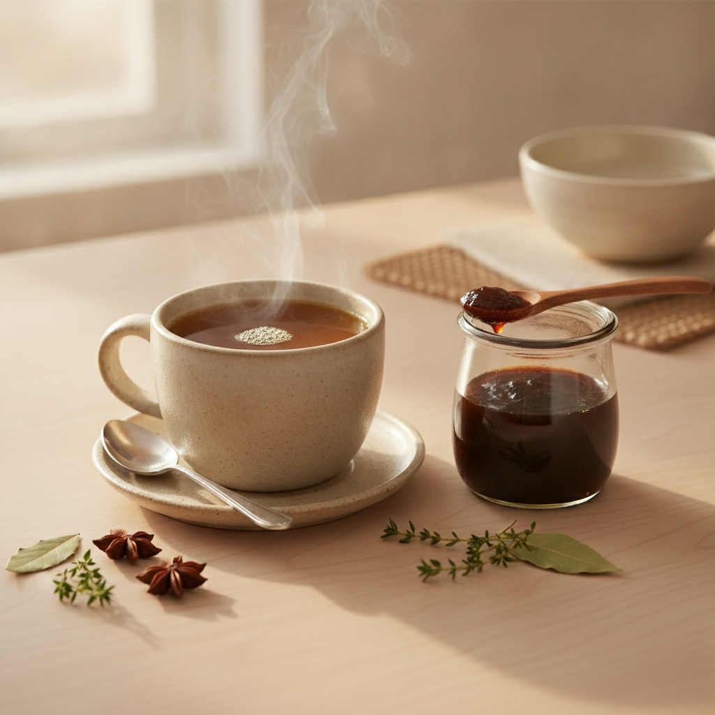 A warm mug of beef bone broth with herbs and broth concentrate in a calm kitchen setting