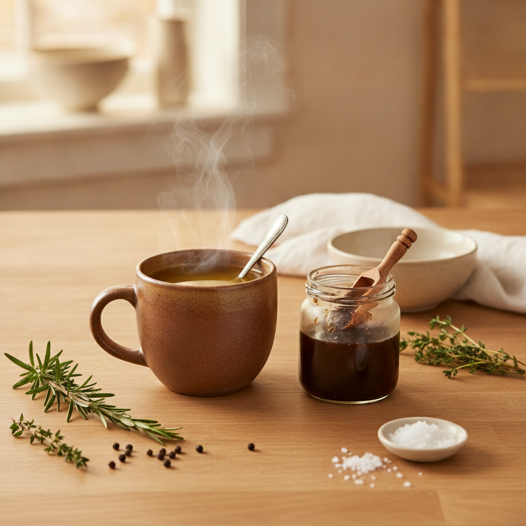 A cosy kitchen scene with a hot mug of beef bone broth and grass-fed broth concentrate