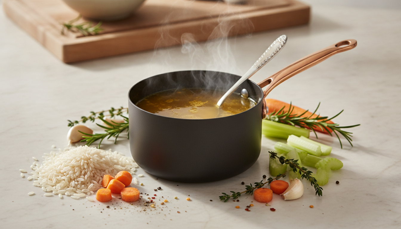 A saucepan of prepared bone broth with rice, vegetables and herbs for everyday cooking.