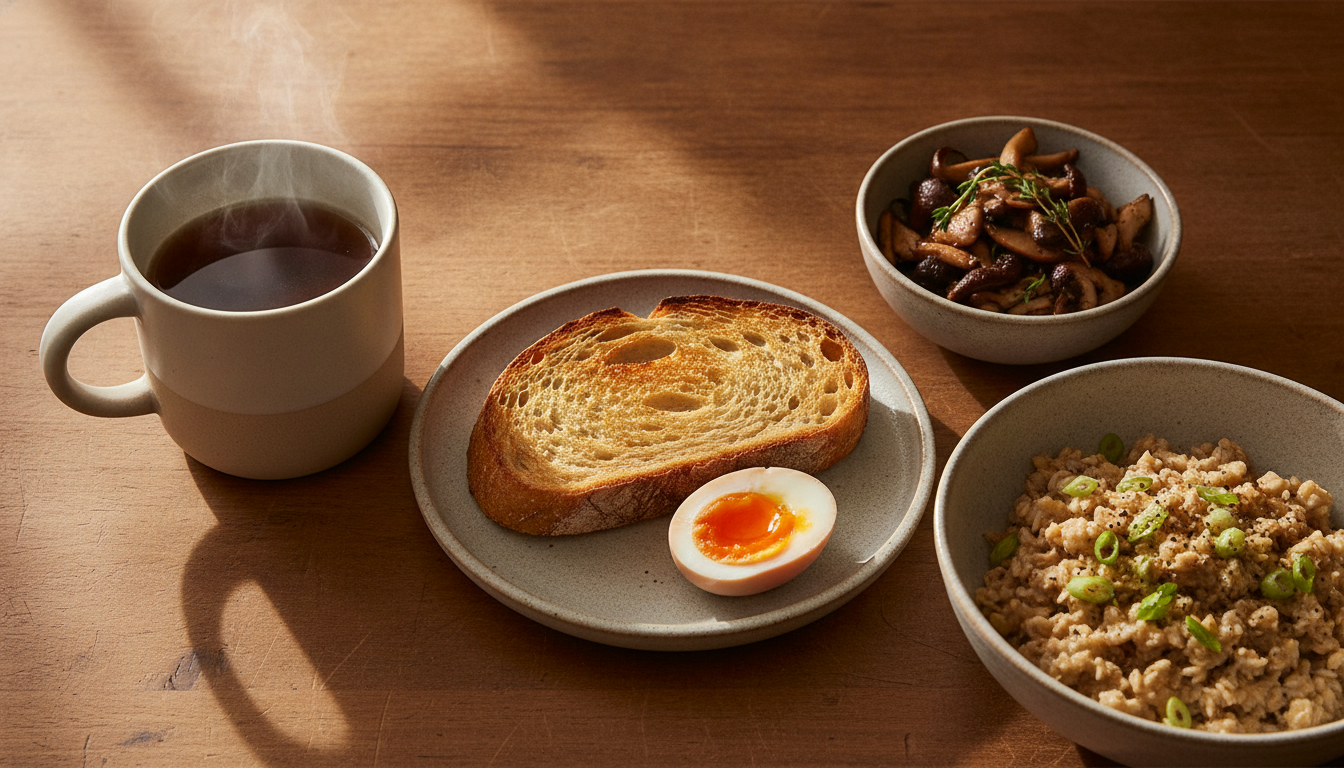 A warm mug of bone broth with toast, egg, mushrooms and savoury oats on a breakfast table.