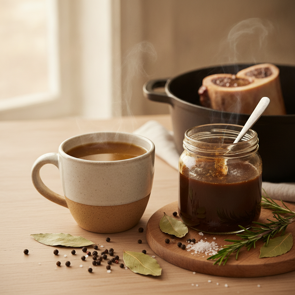 A steaming mug of beef bone broth beside bone broth concentrate and savoury herbs