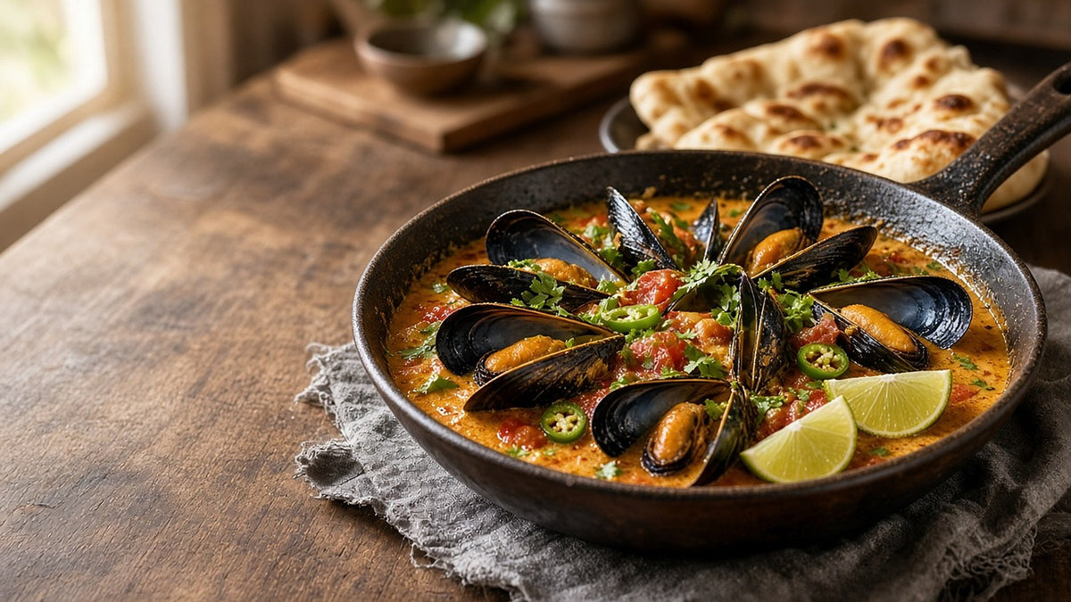 Creamy masala mussels in a pan with lime and naan