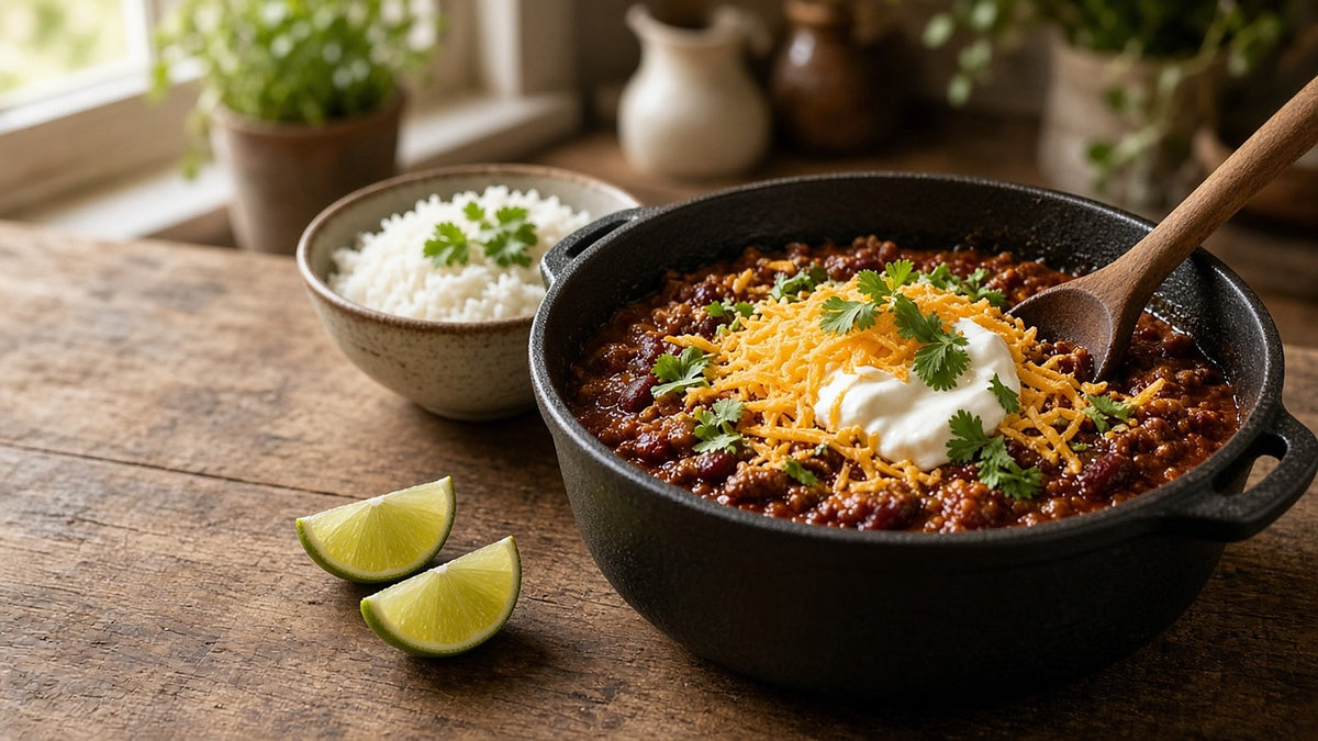 Pot of chilli con carne with soured cream, cheddar and coriander