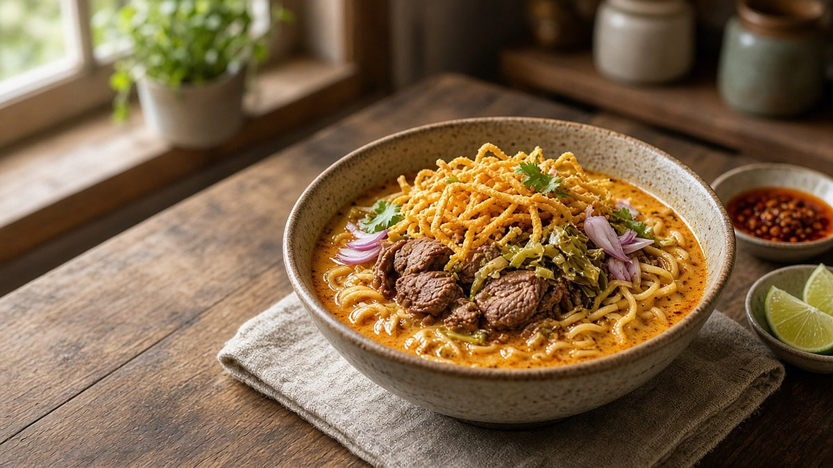 Bowl of khao soi curry noodle soup topped with crispy noodles