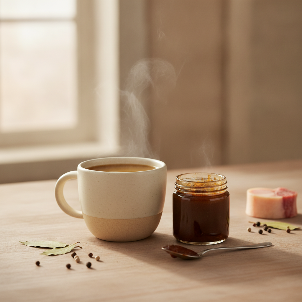 A warm mug of beef bone broth beside bone broth concentrate and savoury herbs