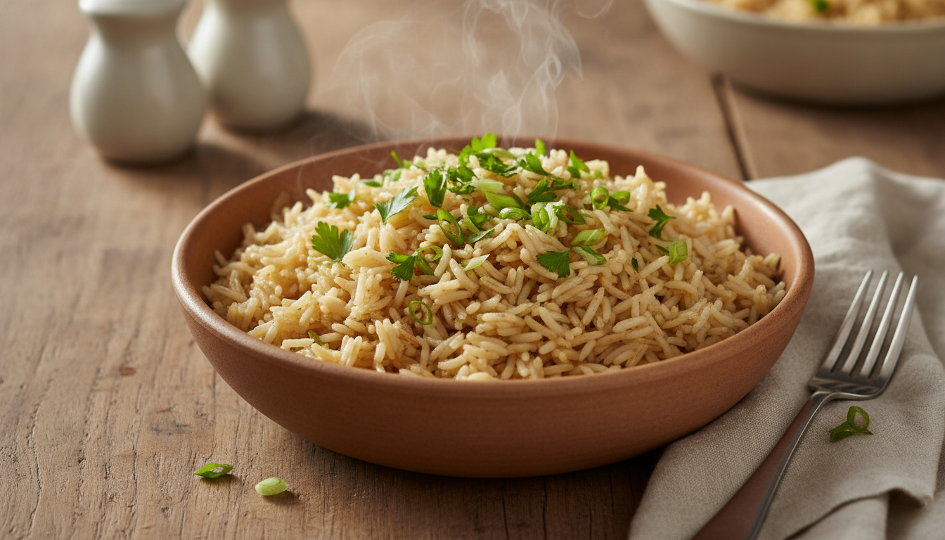 A warm bowl of savoury bone broth rice topped with parsley and spring onion.