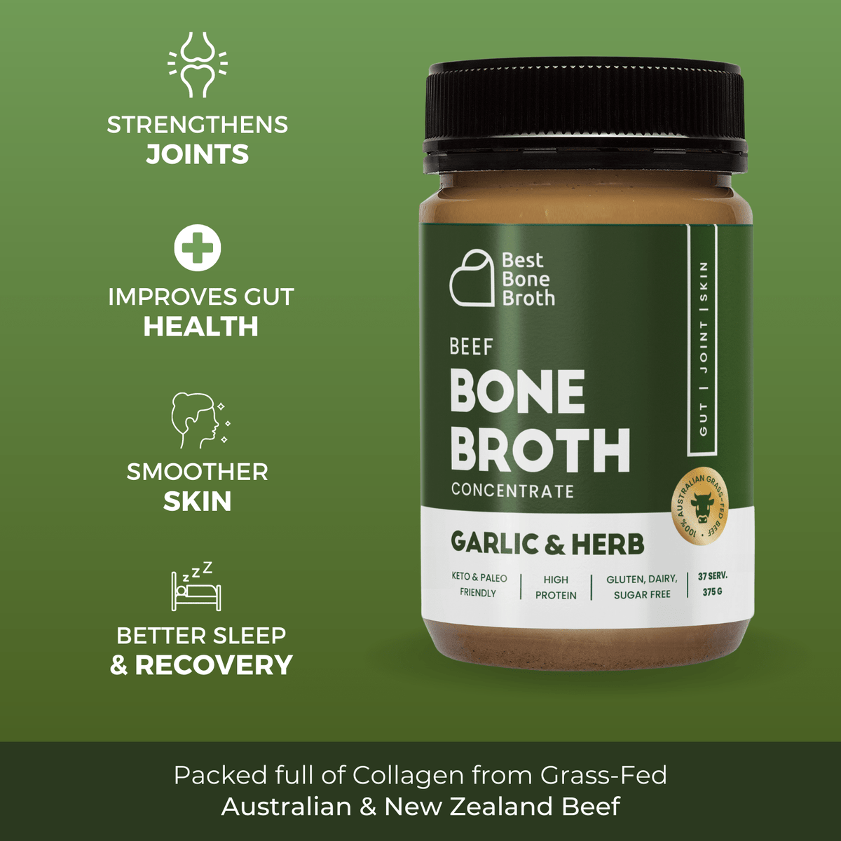 Best Bone Broth Soups & Broths Beef Bone Broth - Garlic & Herb Flavour – 375g bottle (37 servings)