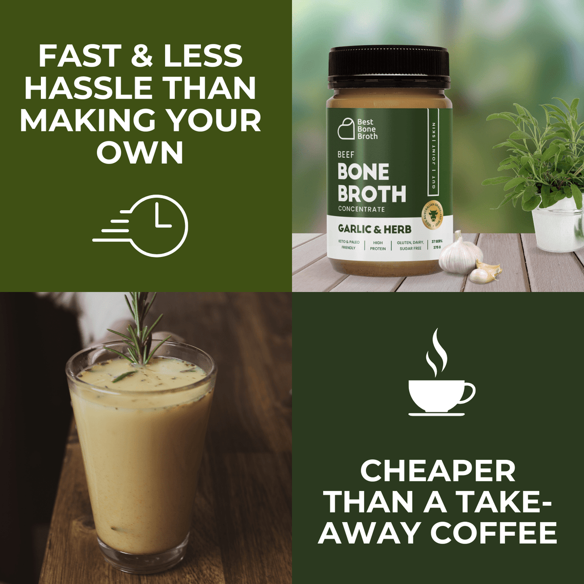 Best Bone Broth Soups & Broths Beef Bone Broth - Garlic & Herb Flavour – 375g bottle (37 servings)