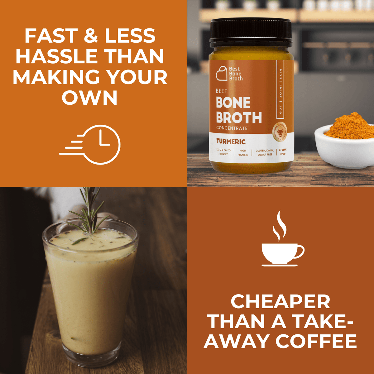 Best Bone Broth Soups & Broths Beef Bone Broth - Turmeric Flavour – 375g bottle (37 servings)