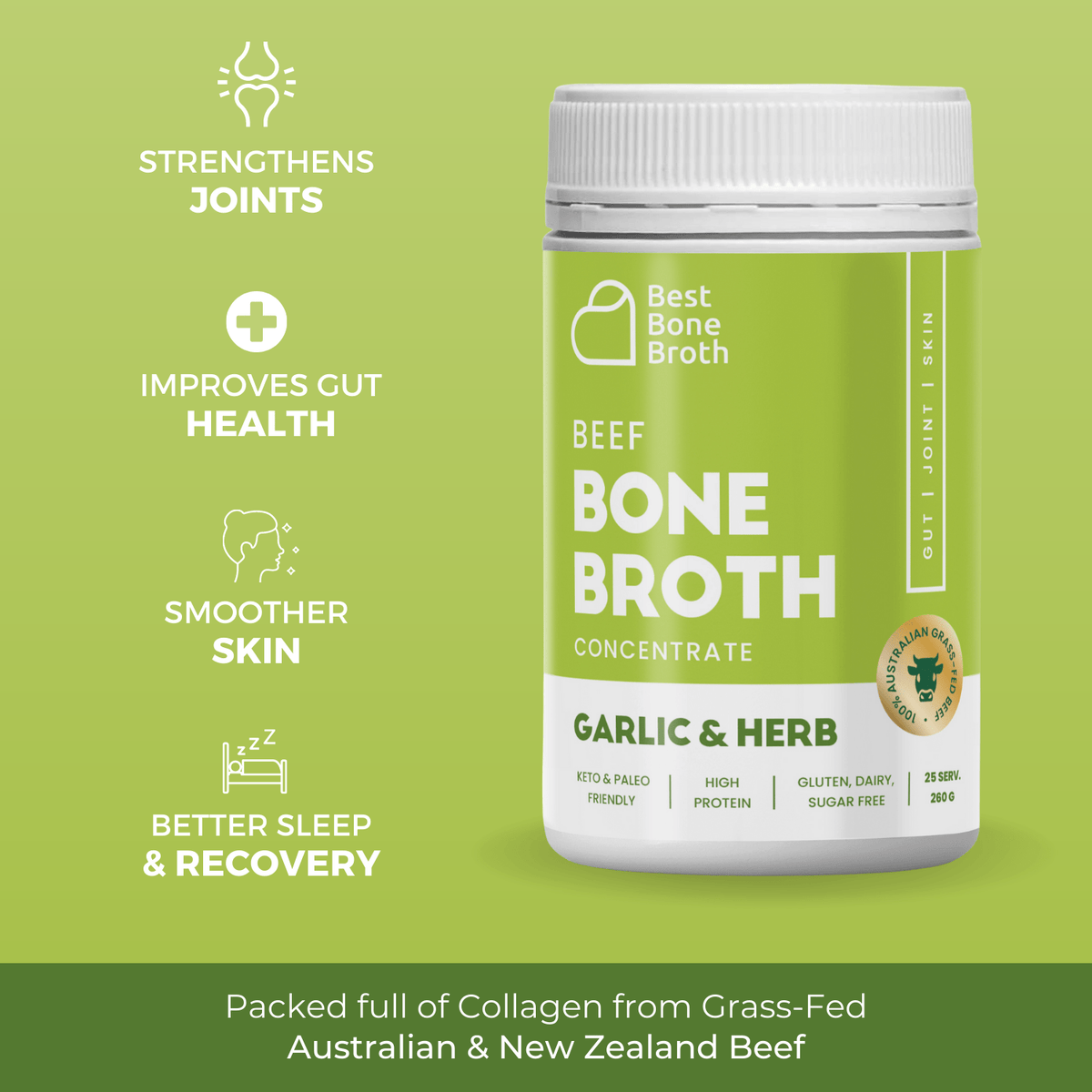 Best Bone Broth Soups & Broths Beef Bone Broth - Garlic & Herb Flavour – 260g bottle (25 servings)