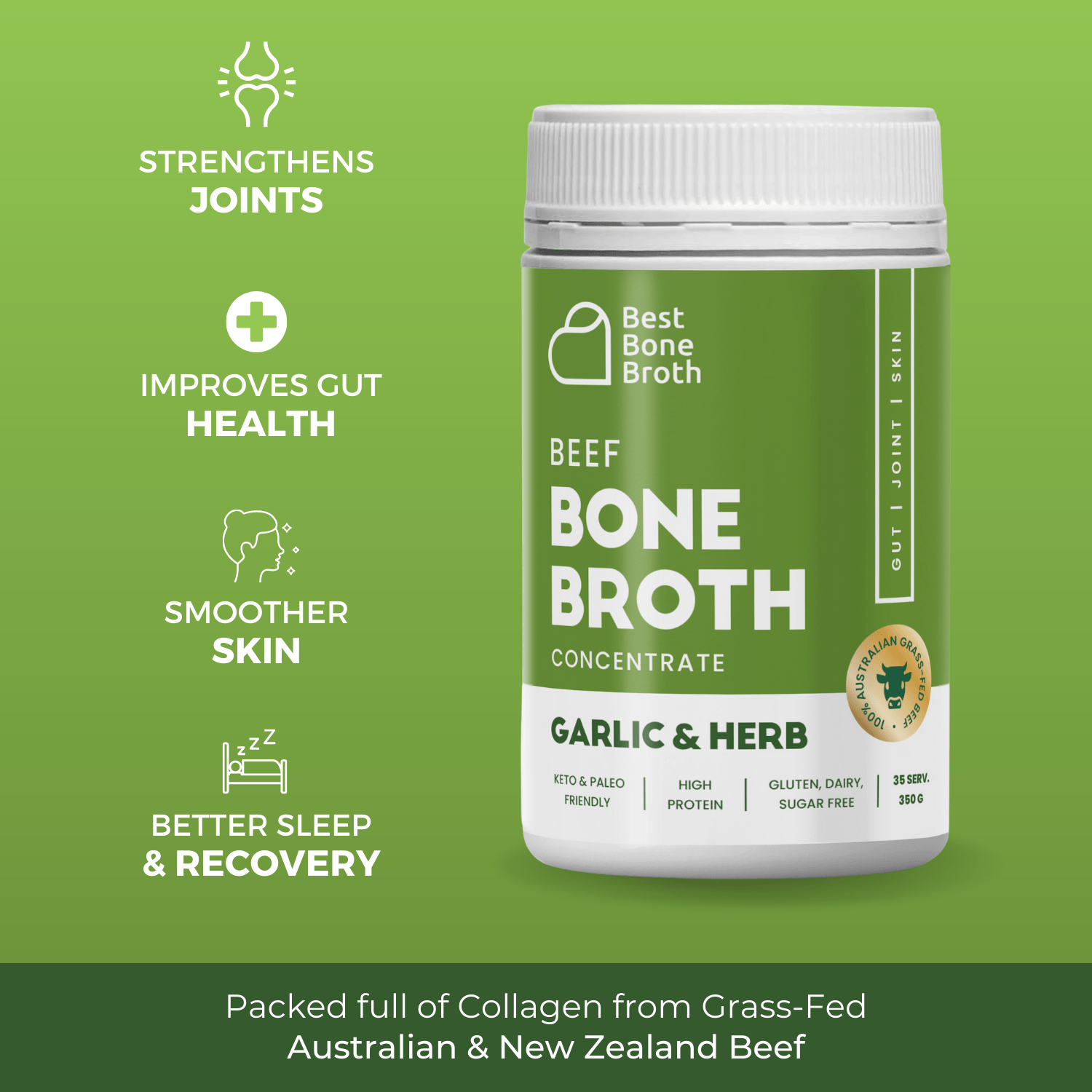 Best Bone Broth Soups & Broths Beef Bone Broth - Garlic & Herb Flavour – 350g bottle (35 servings)
