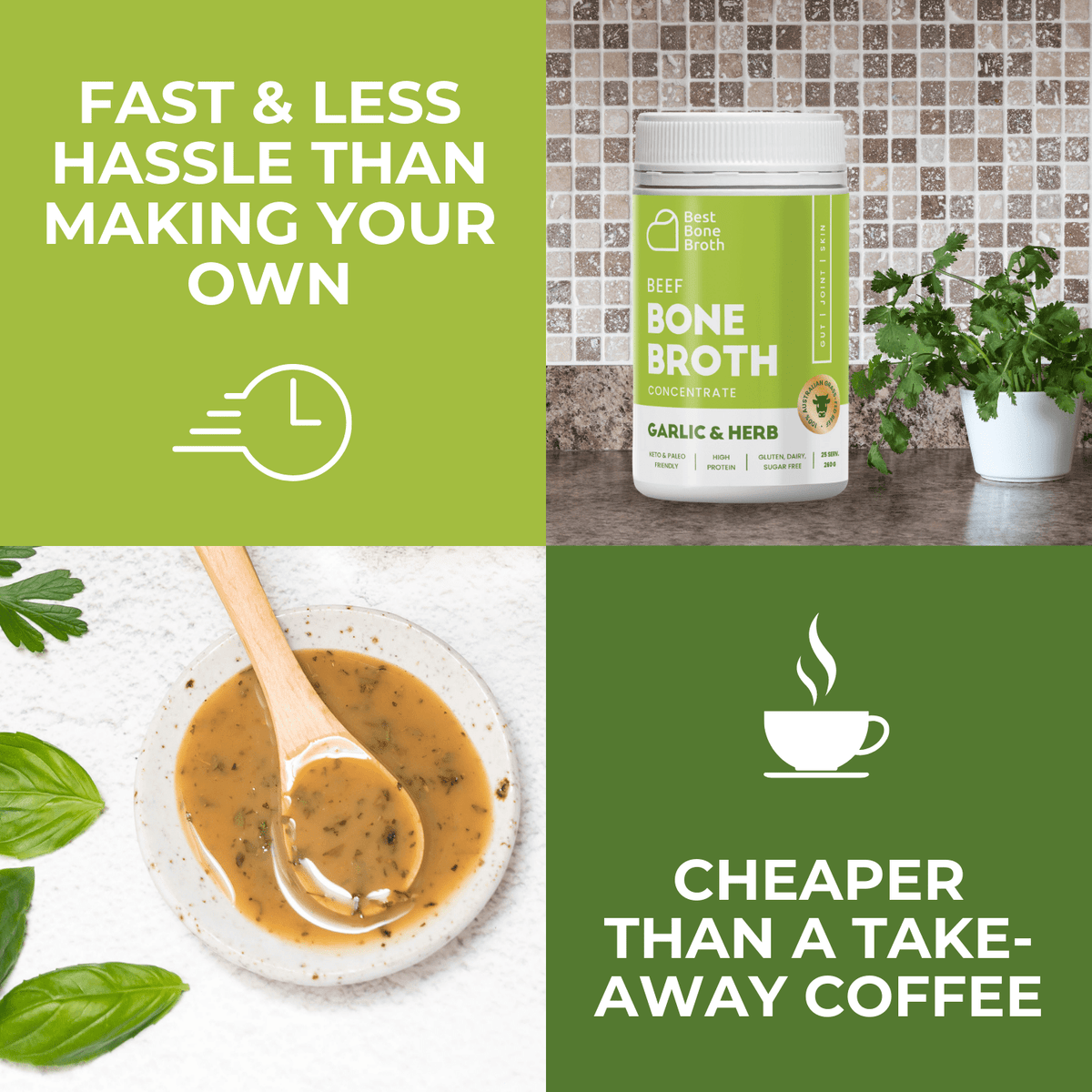 Best Bone Broth Soups & Broths Beef Bone Broth - Garlic & Herb Flavour – 260g bottle (25 servings)