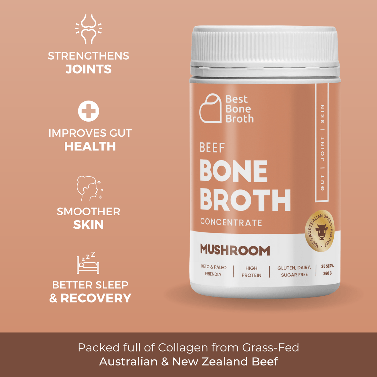 Best Bone Broth Soups & Broths Beef Bone Broth - Mushroom Flavour – 260g bottle (25 servings)