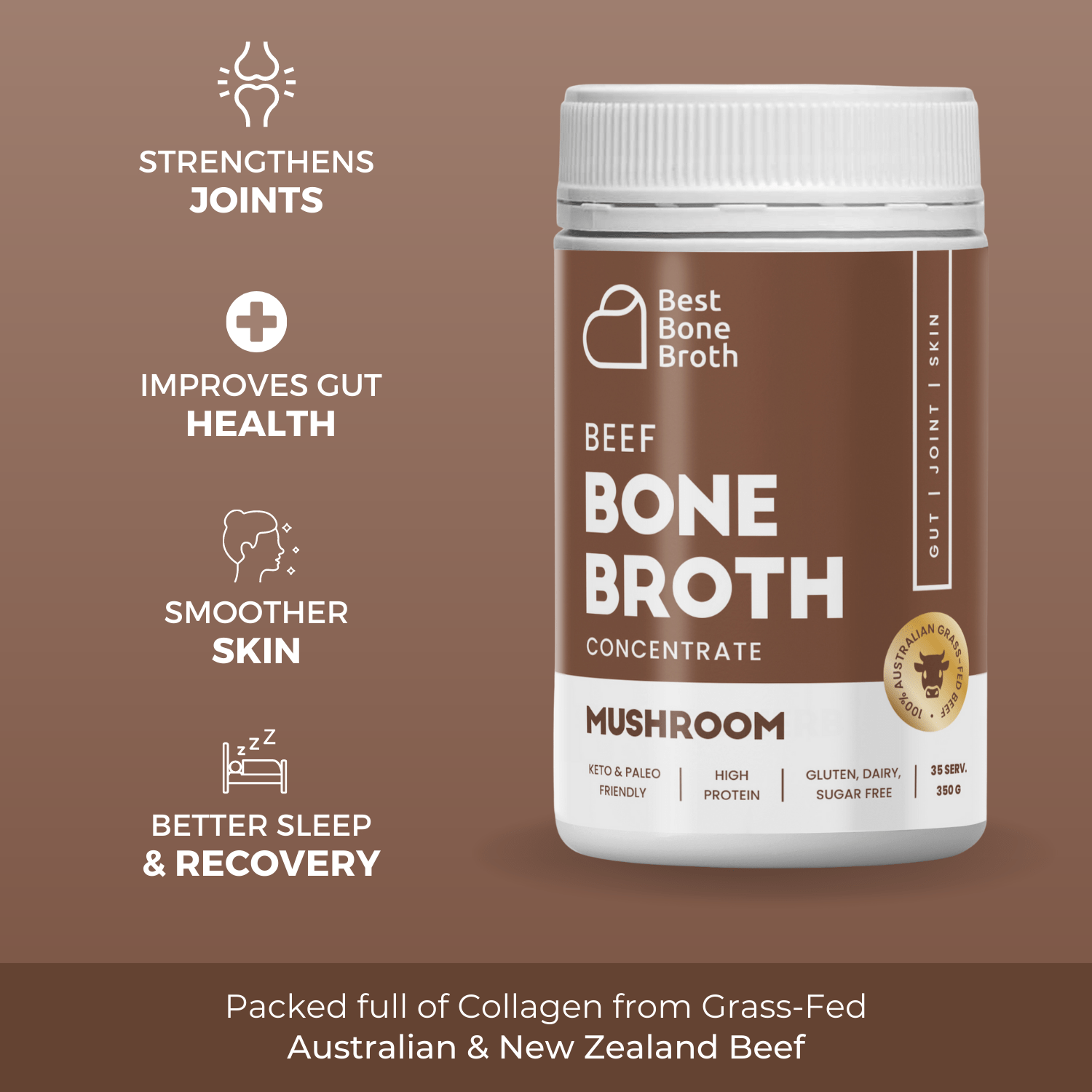 Best Bone Broth Soups & Broths Beef Bone Broth - Mushroom Flavour – 350g bottle (35 servings)