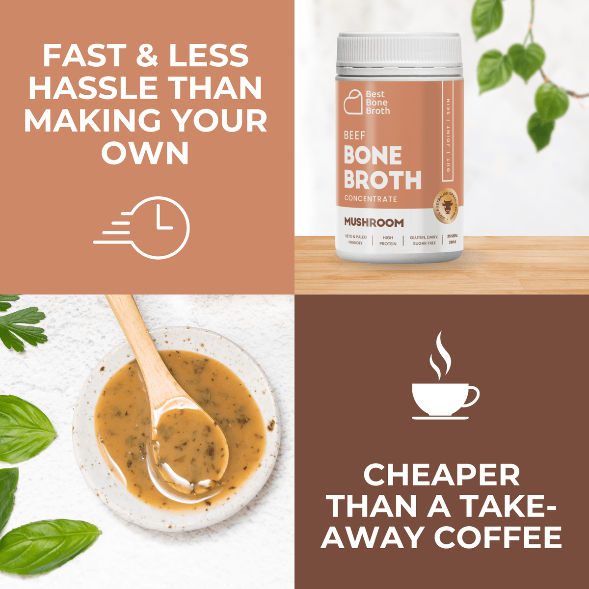 Best Bone Broth Soups & Broths Beef Bone Broth - Mushroom Flavour – 260g bottle (25 servings)