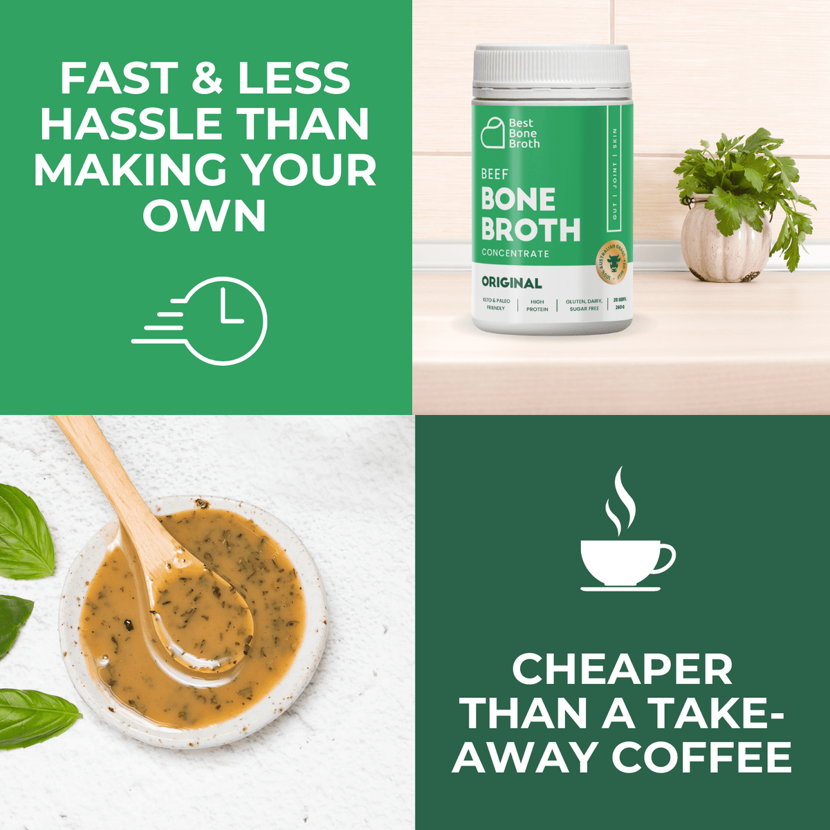 Best Bone Broth Soups & Broths Beef Bone Broth - Plain Beef Flavour – 260g bottle (25 servings)