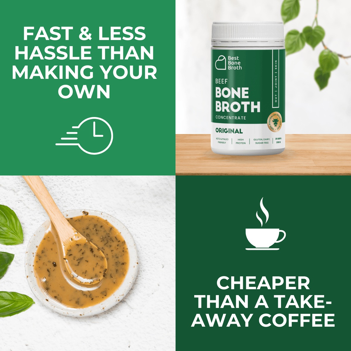 Best Bone Broth Soups & Broths Beef Bone Broth - Plain Beef Flavour – 350g bottle (35 servings)