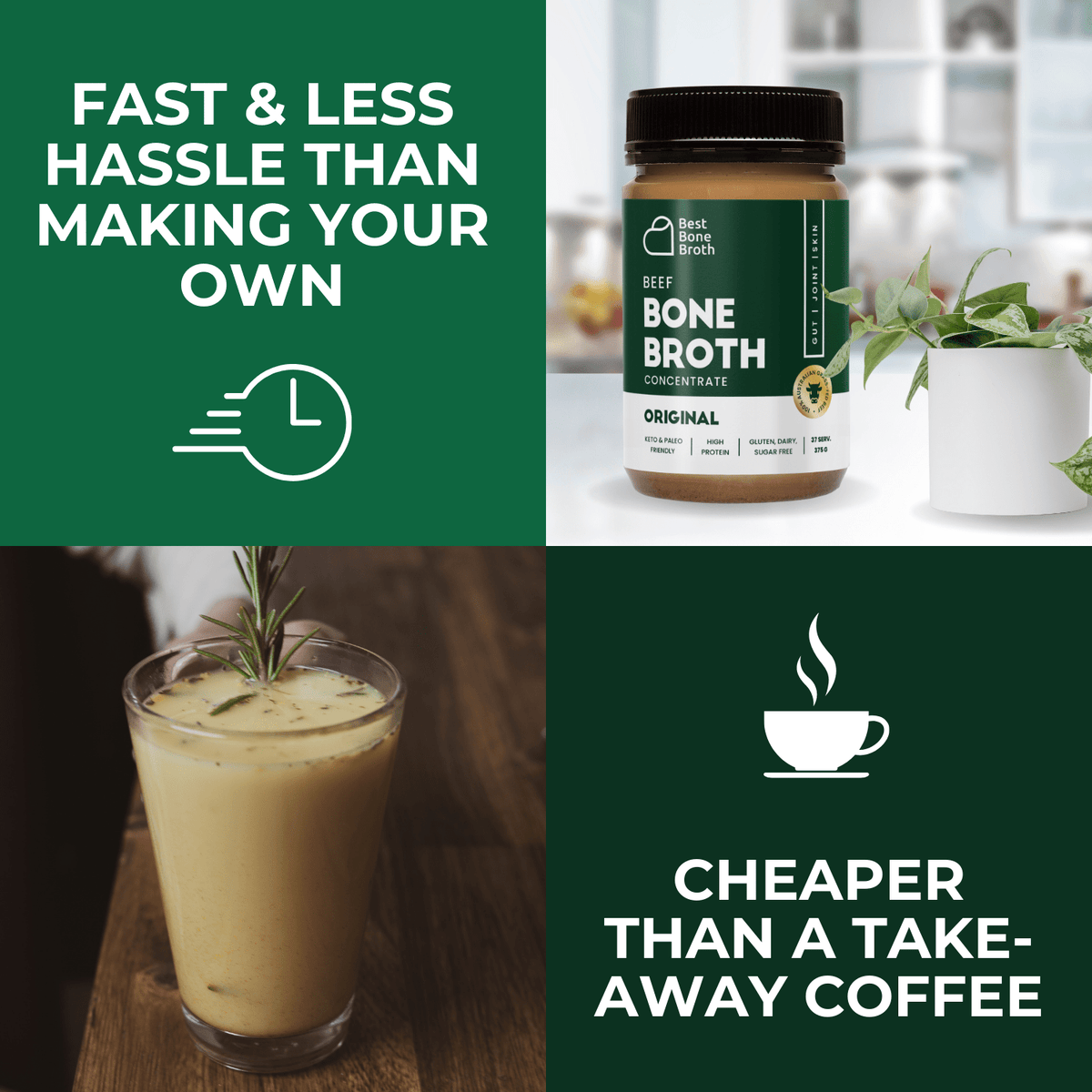 Best Bone Broth Soups & Broths Beef Bone Broth - Plain Beef Flavour – 375g bottle (37 servings)